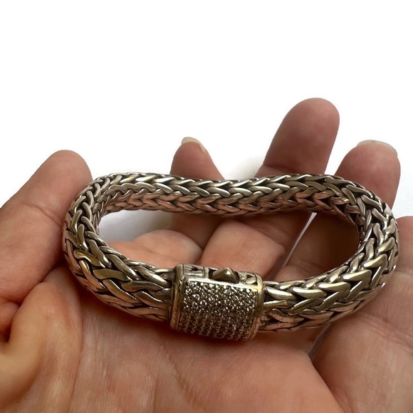 John Hardy Pave Icon Classic Wide Chain 925 Silver 18K Gold Bracelet 8" Size M - Picture 3 of 16